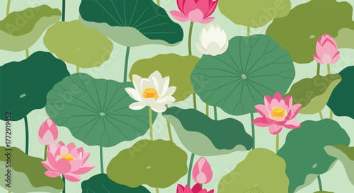 A vibrant illustration showcasing a seamless pattern of lotus flowers and lily pads.