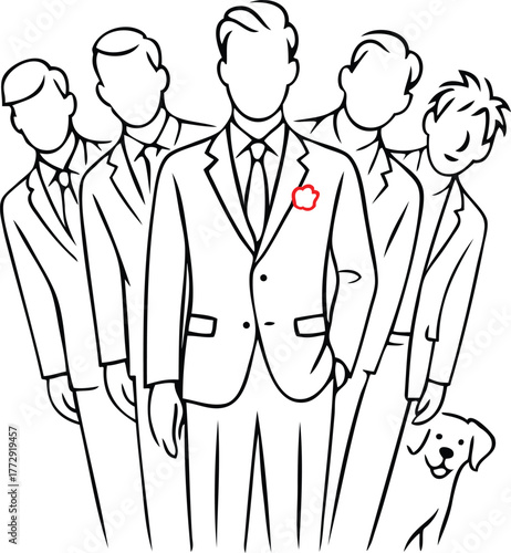 Groomsmen group with boutonniere and dog — line art