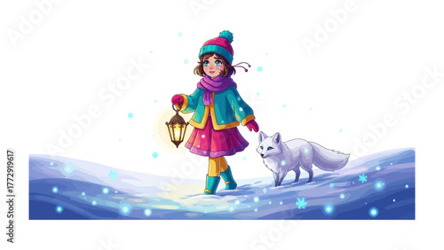Winter Wonderland Stroll: A young girl, accompanied by a fluffy arctic fox, navigates a serene, snow-covered landscape under the soft glow of a lantern, evoking feelings of innocence and adventure.
