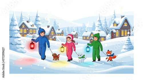 Winter Lantern Walk: Cheerful children in colorful winter suits stroll through a snow-covered village, each carrying a glowing lantern, accompanied by their adorable animal companions.