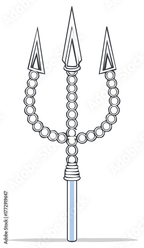 Stylized illustration of a trident weapon with a beaded shaft and sharp points