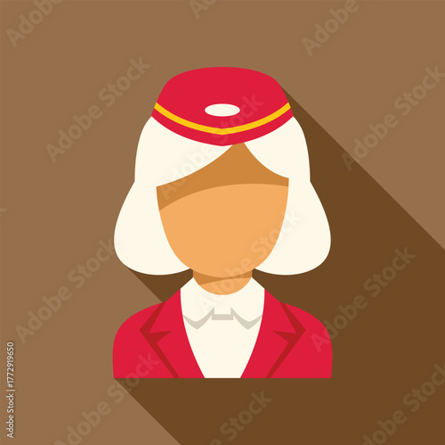 Female flight attendant in red uniform with long shadow, flat design vector illustration