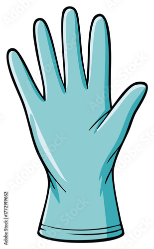 Cartoon style illustration of a single light blue protective or disposable glove