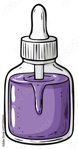 A hand drawn illustration of a glass dropper bottle with purple liquid serum or cosmetic oil