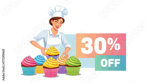 Bake Sale Bliss: A cheerful baker skillfully arranges a colorful array of cupcakes, enticing with a 30% off offer