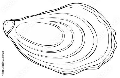 Simple black and white line art of an empty oyster shell seafood delicacy