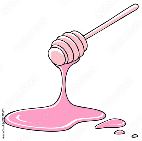 Pink liquid honey or sugar dripping from a dipper in cartoon style illustration