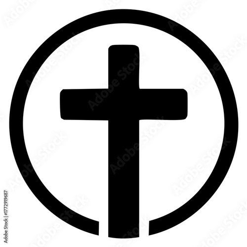 A minimalistic black Christian cross placed inside of a circle on white background