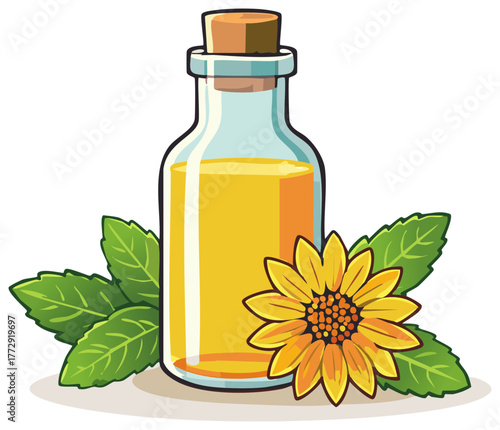 Glass bottle of golden sunflower oil with a fresh flower and green leaves cartoon vector