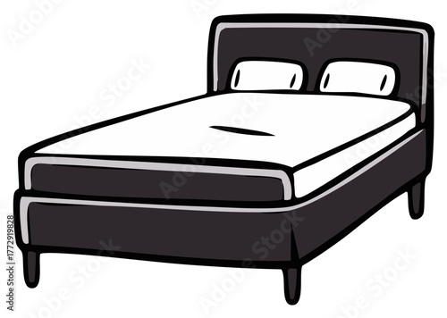 Black Cartoon Bed with Pillows Illustration Home Bedroom Sleeping Furniture