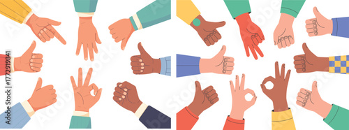 Diverse Hands Gestures, Thumbs Up, and Communication Flat Vector Set