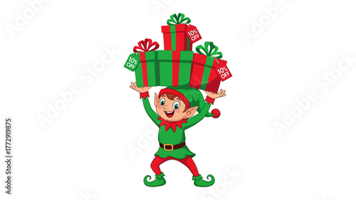 Festive Elf Bearing Gifts: A cheerful elf, clad in traditional attire, balances a stack of vibrantly wrapped gifts, symbolizing the joy and generosity of the holiday season.