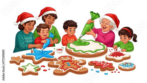 Festive Cookie Decorating: A multigenerational family gathers around a table, sharing the joy of decorating Christmas cookies, spreading holiday cheer and creating lasting memories.