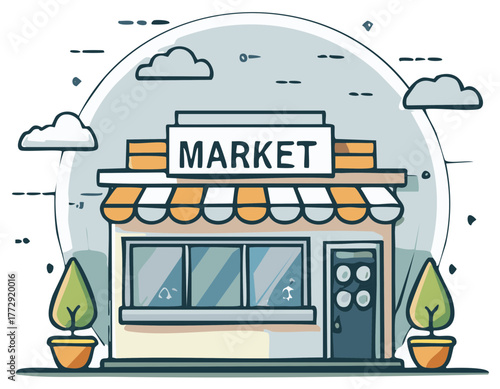 Charming illustration of a small market building with a striped awning and two potted trees