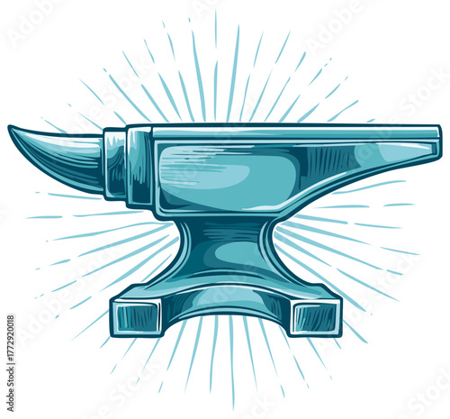 Illustration of a heavy anvil with light blue rays, an icon for blacksmithing, industry and medieval ages crafts.