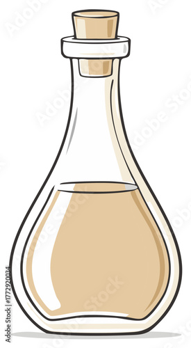 Vintage liquid in a glass flask sealed with a cork stopper for laboratory or spa ingredients.
