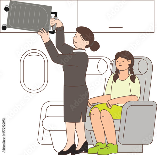 Flight Attendant Assisting Passenger with Luggage