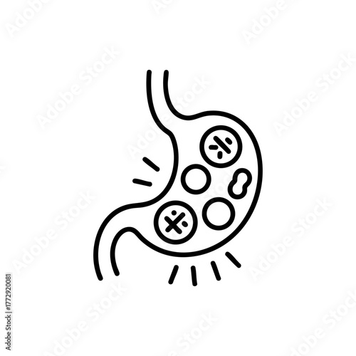 Stomach infection icon. Digestive system issue, bacteria, gut microbiota imbalance, gastritis, stomach pain, health problem concept. Editable stroke vector.