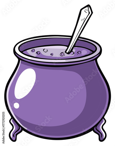 Mysterious purple cauldron with bubbling contents and a stirring spoon illustration