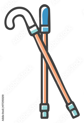 Hand drawn illustration of crossed walking canes, a symbol for mobility aid, seniors, and disability support.