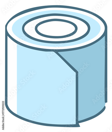 Light Blue Tape Roll with End Tucked. Cartoon Aesthetic Roll of Blue Painter's Tape. Adhesion and Taped Closure.