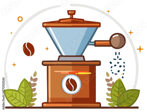 Vintage manual coffee grinder with falling grounds and beans, surrounded by leaves.