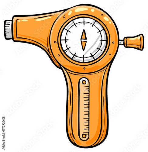 Handheld compass measuring instrument with indicator dial, illustration.