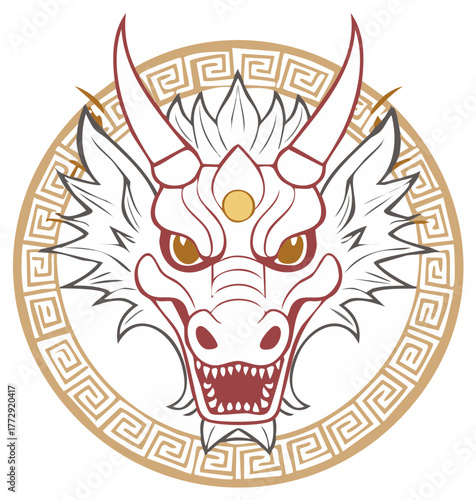Stylized Dragon Head with Ornamental Circle Symbolizing Power and Majesty