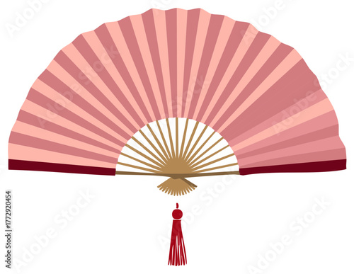 Elegant Pink Folding Handheld Fan with Red Tassel Decorative Element