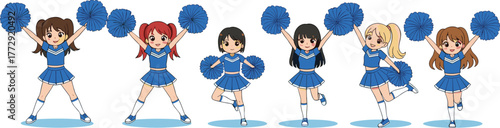 Animated cheerleaders, blue uniforms, pom-poms, team spirit, school sports, energetic poses, diverse hairstyles, white background, cartoon style, celebration