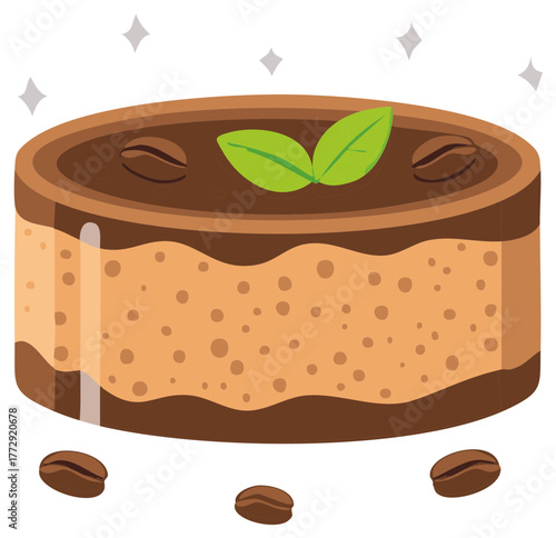 Round coffee cake decorated with coffee beans and green leaves a sweet dessert