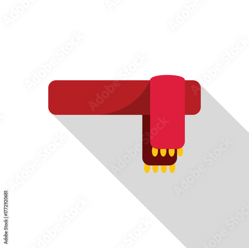 Red towel hanging on a horizontal bar, creating a long shadow, ideal for bathroom, spa, or hotel concepts