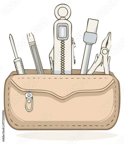 Illustration of multi tool set in beige colored tool bag, including pliers screwdrivers and other instruments