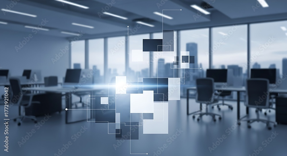 Fototapeta premium Modern office space with city view and abstract data overlay showing technology integration concept