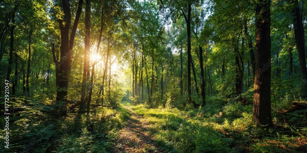 Fototapeta premium Forest Landscape with Sun Rays Piercing Through Trees, Serene Nature Scene