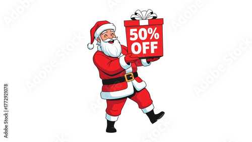 Holiday Savings: Santa Claus joyfully presents a large gift box, emblazoned with a bold 50% OFF offer, embodying the spirit of generous holiday discounts and special deals.