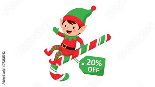 Holiday Elf with Candy Cane: An adorable elf merrily rides a candy cane, promoting a 20% off holiday sale, capturing the festive cheer and sweet delights of the season.