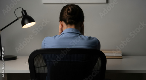 Woman crying in office chair with hands covering face, workplace stress and emotional overwhelm