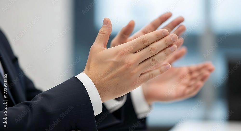 Fototapeta premium A person in a suit is clapping their hands in what appears to be an office environment setting area