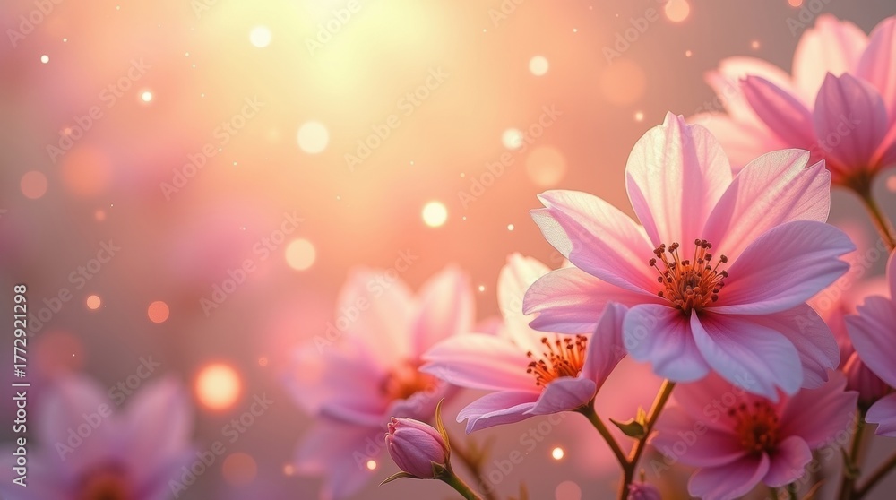 Naklejka premium Soft focus pink dahlia flowers in golden sunlight with bokeh