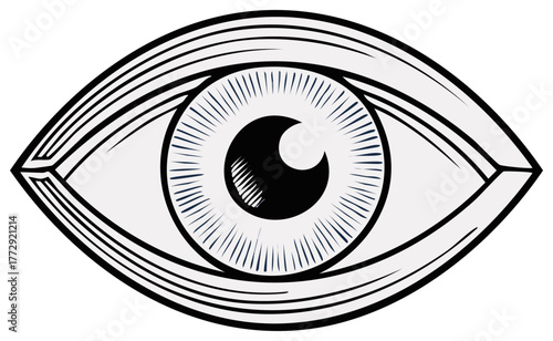 Single stylized human eye illustration in black and white with lashes, iris, and pupil