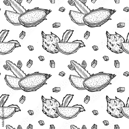 Line art dragon fruits pattern. Outline fresh food background with pitaya. Tropical fruit summer pattern for wrapping, textile, fabric, coloring pages. Doodle dragon fruit seamless pattern. Tropical f