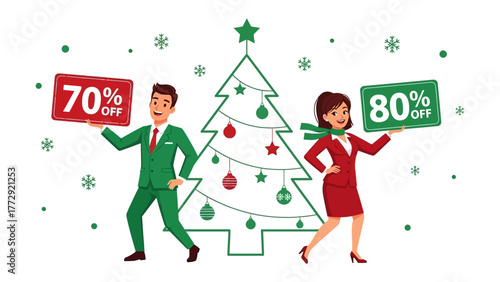 Festive Discounts: Two figures in business attire, one male and one female, enthusiastically display sale signs with a cheerful Christmas tree nestled between them.