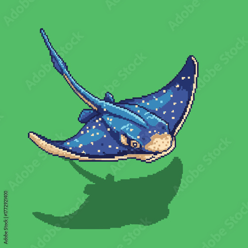 A pixel art illustration of a blue spotted eagle ray swimming gracefully against a solid green background with a shadow.