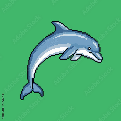 A pixel art illustration of a blue and white dolphin leaping against a solid green background.