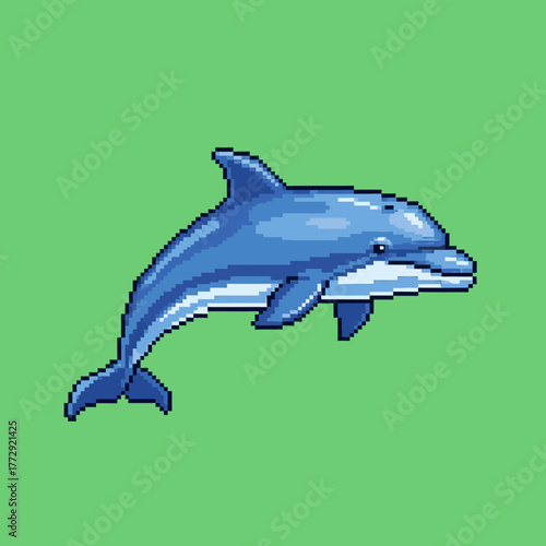 A pixel art illustration of a blue dolphin swimming or jumping against a solid light green background.