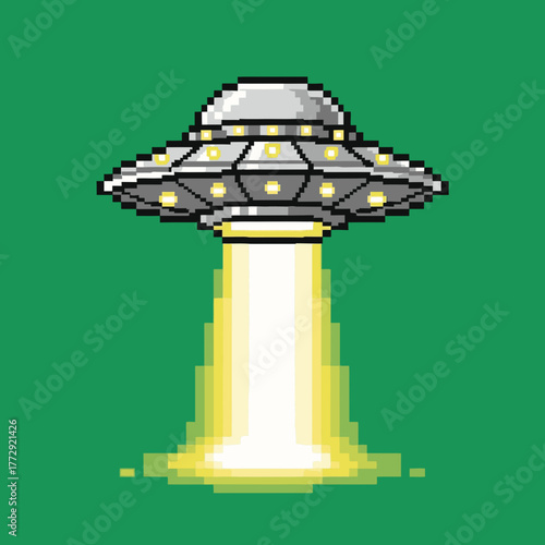 Pixel art illustration of a classic flying saucer UFO with a bright yellow tractor beam against a solid green background.