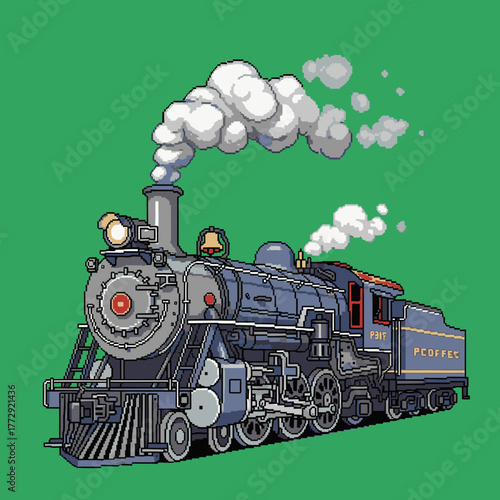 Pixel art illustration of a classic steam locomotive train puffing smoke against a solid green background.