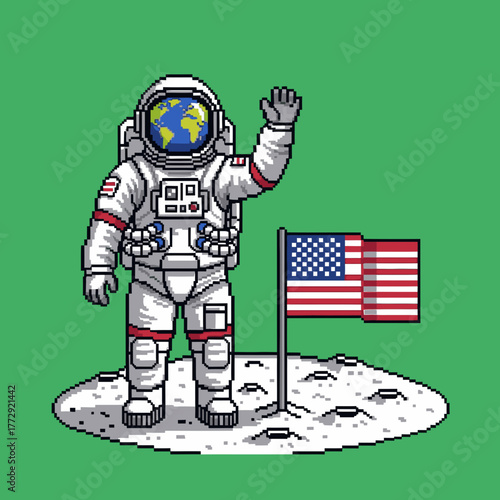 Pixel art illustration of an astronaut waving on the moon next to an American flag, with the Earth reflected in the helmet.