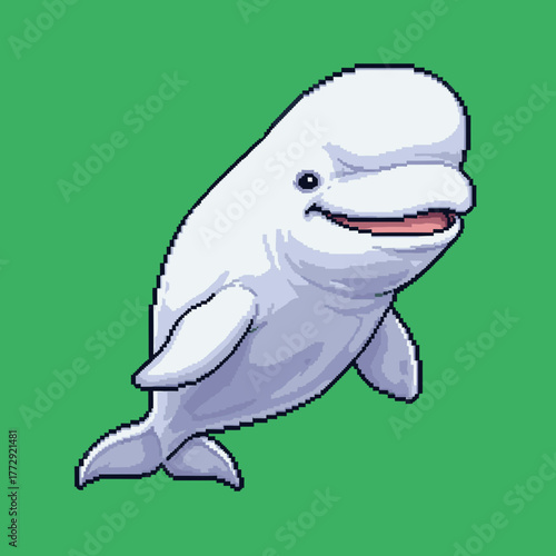 A charming pixel art illustration of a smiling white beluga whale swimming against a solid green background.